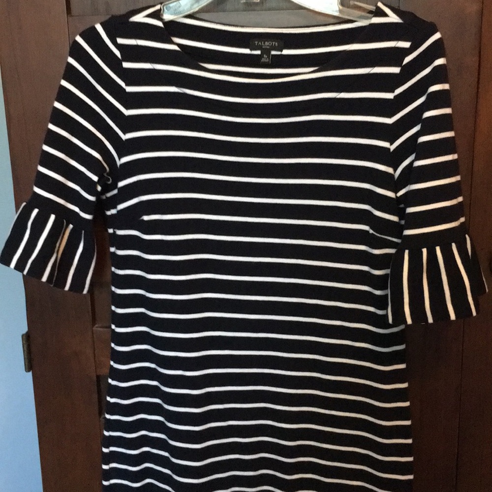 Talbots ruffle sleeve Navy and white striped NWOT